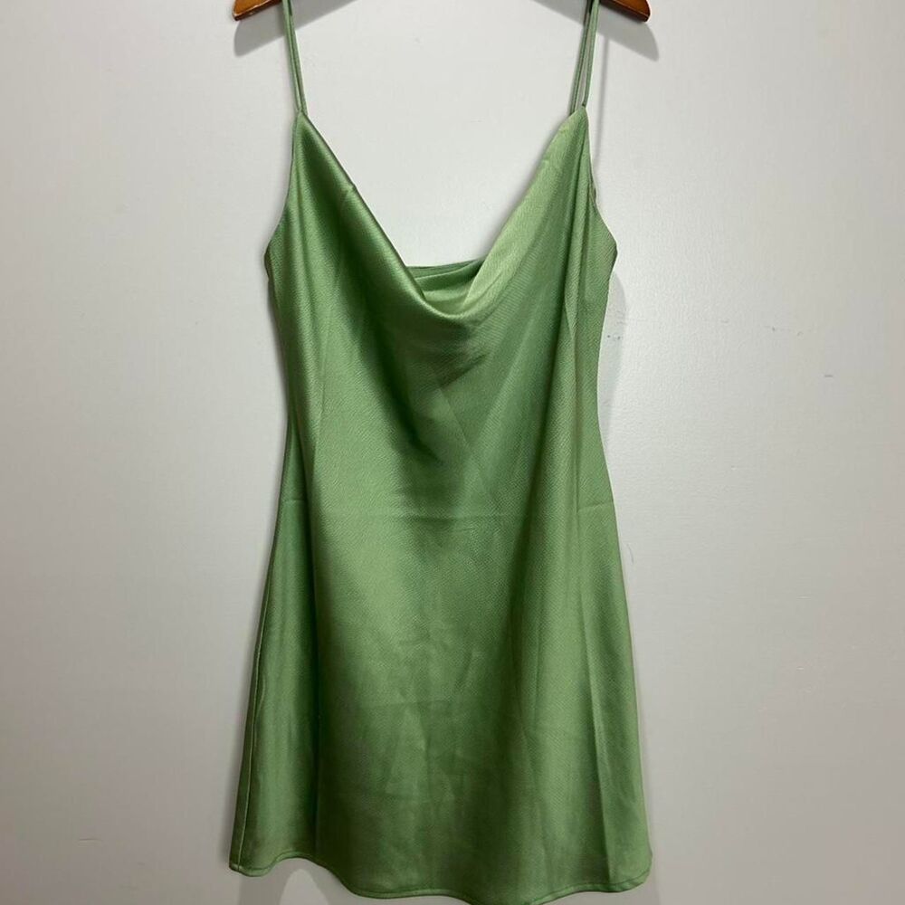 Acoa green satin swoop neck midi dress size M